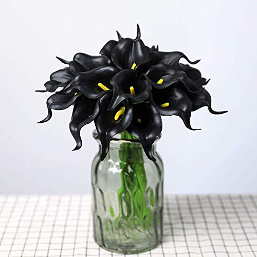 Justoyou 20 Pcs Halloween Black Flower, Artificial Calla Lily Fake Flowers Wedding Bouquet Real Touch Flower Bouquet For Bride Wedding Home (Black) #TOP4