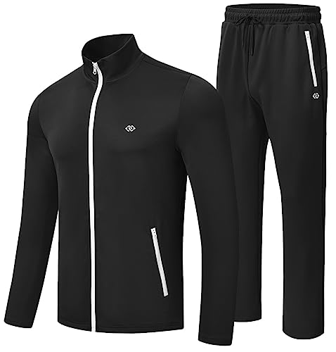 MoFiz Men's Track Suit Set Running Jogging Suit Full Zip Jacket&Pants Two Piece Sets Outfits Zip Pockets Sweat/Workout Suits Black Large