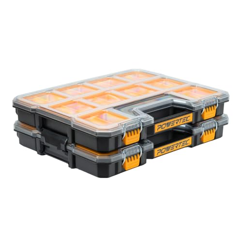 POWERTEC Small Parts Organizer & Tool Box – 20 Compartments, IP65 Water & Dust Protection, Stackable Storage with Interlocking Latch, Removable Bin, Divider, Clear Lid, Portable Design, 2PK (72366-P2)