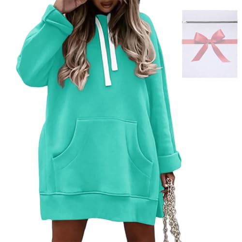 Robe pull à capuche avec poche unie, le tricot confortable mi-long