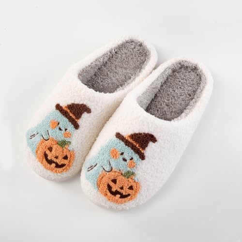 Image of Halloween Pumpkin Slippers for Womens Mens Plush Warm Spooky Lantern Pumpkin Slippers House Shoes