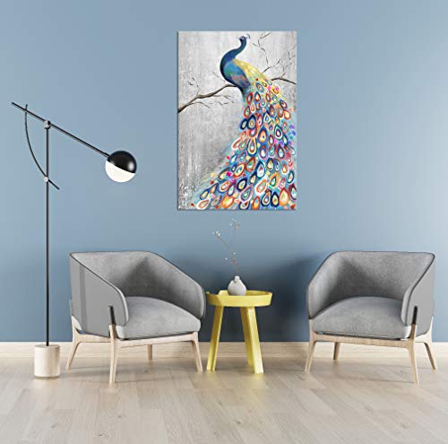 Zlove Large Canvas Wall Art Colorful Peacock Artwork Grey Background Abstract Animal Painting On Canvas Stretched And Framed For Modern Home Bedroom Decoration Ready To Hang 24X36Inch #TOP3