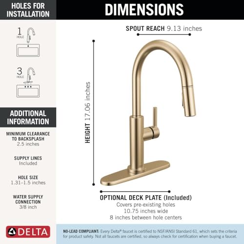 Image of Delta Nicoli Brushed Gold Kitchen Faucet with Pull Down Sprayer, Modern Single Hole Kitchen Sink Faucet, Single Handle, Champagne Bronze 19867LF-CZ