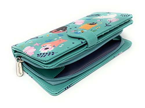 Shag Wear Cats in the Garden Large Spring Summer Animal Wallet for Women and Teen Girl Vegan Faux Leather Light Teal 7"4
