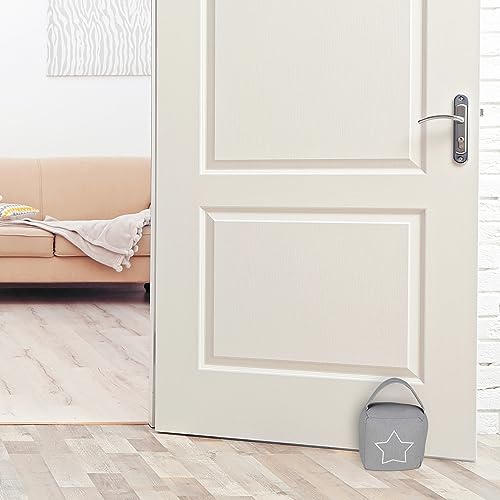 Relaxdays Set of 2 Doorstops, Star Motif, HxWxD: 13 x 13 x 8.5 cm, Free-standing Slam Brake, with Handle, Grey/White, Polyester - Image 2