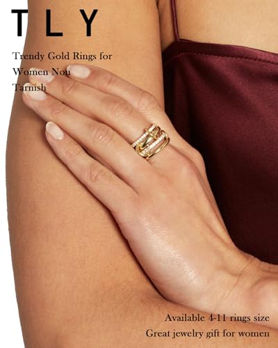 TLY Gold Silver Stackable Rings for Women Mixed Metal Interlocked Statement Ring Stack 14K Gold Plated Cubic Zirconia Fashion Two Tone Connected Bands Size 4-112