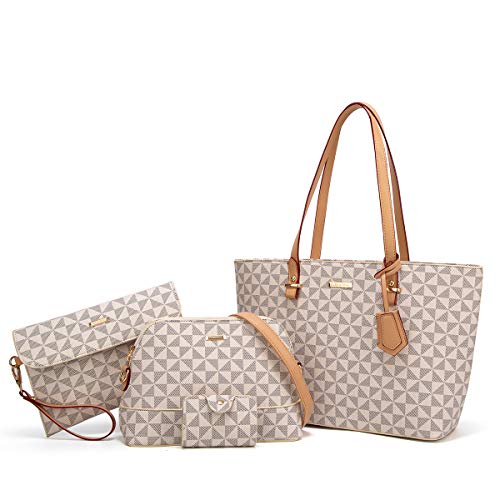 Women Fashion Handbags Tote Bag Shoulder Bag Top Handle Satchel Purse Set 4pcs (Beige printing)