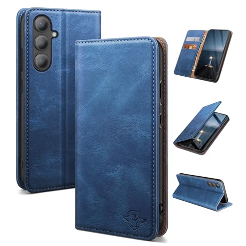 SUANDUCK for Samsung Galaxy S25 phone case magnetic leather flip case with RFID-blocking card compartment adjustable stand and 360 drop protection with Samsung S25 Light Blue
