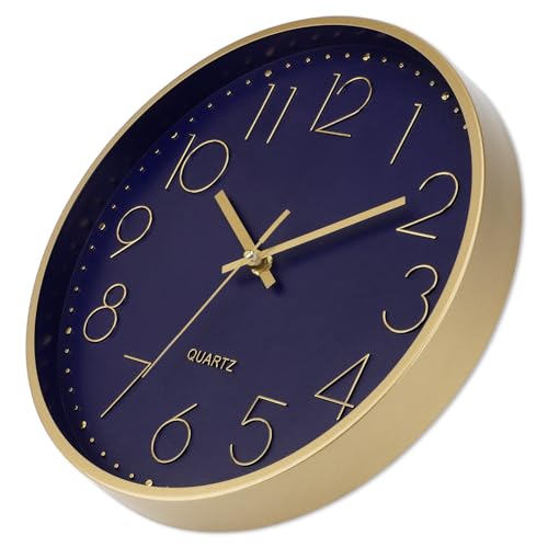 Image of Foxtop 12 inch Modern Wall Clock Silent Battery Operated Metal Gold Clock | Dark Blue Dial, Non-Ticking, Round, Analog Clock, Quartz, Easy to Read, Living Room, Bedroom, Kitchen, Office