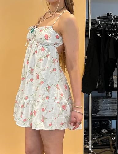 Image of NUFIWI Women Boho Graffiti Cami Mini Dress Spaghetti Strap Printed A Line Short Dress Backless Cut Out Colorful Sundress