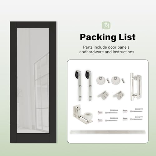 Image of 28 inch x 80 inch 2-Lites Solid Core MDF Panel Barn Door with Trimmable 72 inch Track Kit, Paintable Sliding Barn Doors for Closet Kitchen Bedroom Excellent Sound & Thermal Insulation, Nickel-Plated Hardware Kit
