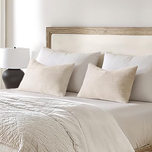 Image of MIULEE Pack of 2 Lumbar Couch Throw Pillow Covers 20x12 Inch Neutral Beige Modern Boho Accent Decorative Pillow Covers Soft Chenille Farmhouse Cushion Covers for Home Decor Bed Sofa Living Room