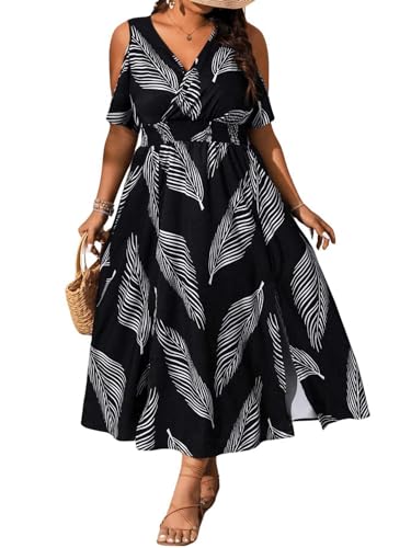 Floerns Women's Plus Size Cold Shoulder Tropical Print V Neck Flared A Line Long Dress3