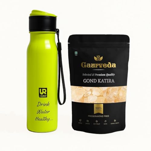 Image of GAURVEDA Premium Gond Katira + Water Bottle - Tagracanth - Astragalus Gummifer - Pure & Natural (100 Grams, Gond Katira + Water Bottle)