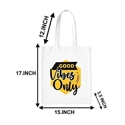 Image of Good Vibes Quotes Medium Canvas Tote Bag for Women with Zip, Stylish Polyster Cotton Handbags College Grocery Handbags L X H 38 X 43 Cms