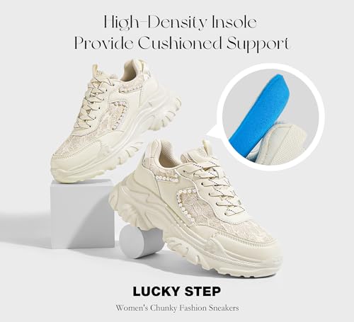 LUCKY STEP Chunky Sneakers for Women Fashion Platform Lace Pearl-Like Beaded Chain Classic Dad Casual Platform Walking Shoes2