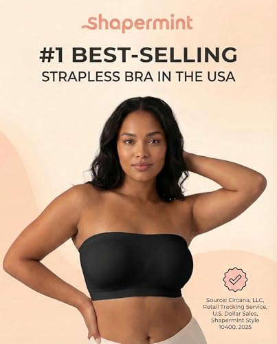Image of SHAPERMINT Strapless Bra, Wireless Non-Slip Bandeau, Convertible Straps, Molded Strapless Bras for Women S to Large Breasts