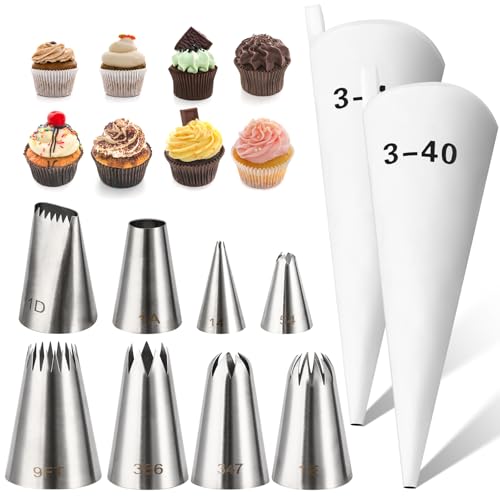 Manga Pastelera Profesional Kit, 2 Piezas 40cm Manga Pastelera Algodón Reutilizable y 8 Boquillas de Repostería Inoxidable para Decoración de Tartas y Cupcakes, Galletas