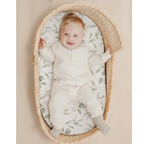 Image of Konssy Muslin Bassinet Sheets for Baby Girl Boy, 2 Pack Soft Breathable Baby Bassinet Mattress Sheets Fit for Hourglass Oval Cradle, Moses Basket Rectangle Mattress (Green, Green Leaves)