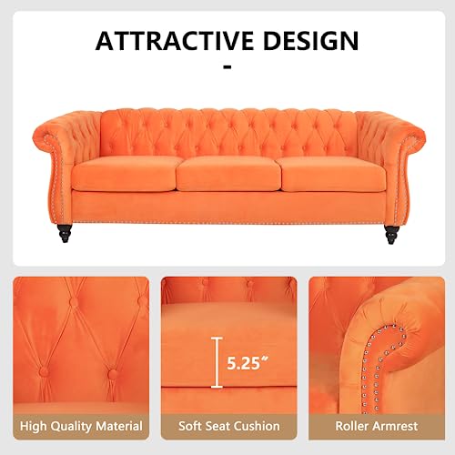 Image of QHITTY Accent Large Sofa, Chesterfield Couch 3 Seater Modern Velvet Couch Upholstered Sofa with Tufted Back for Living Room Furniture (Orange)