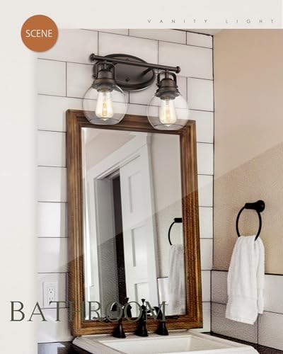Image of Farmhouse Vintage Bathroom Vanity Light, Wall Mount Lighting Sconce Over Mirror, Oil Rubbed Bronze Finish and Clear Glass, AD-2147-2W