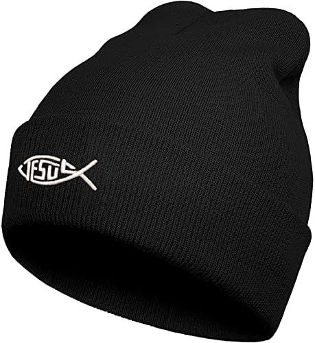 FUNCOOLCY Jesus Fish Soft Slouchy Beanie Hat,Winter Warm Knit Cuffed Skull Cap for Men Women