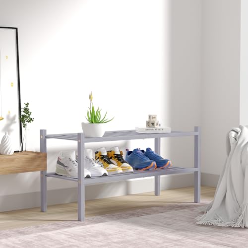 2 Tier Bamboo Shoe Rack for Closet Free Standing Wood Shoe Shelf for Entryway Small Space Stackable 27"x11"x13" (Grey)