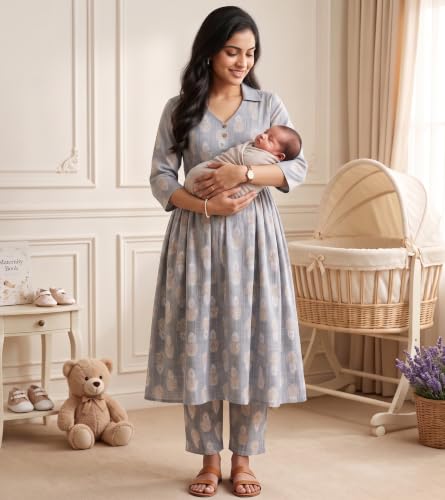 Image of DUMMY SHAPE Maternity Dresses for Women Cotton | Floral Kurta Pant Dupatta Set with Nursing Zippers, Side Pocket | Pre & Post Pregnancy | Feeding Kurti Suit | Baby Shower | Gifts for Pregnant Woman