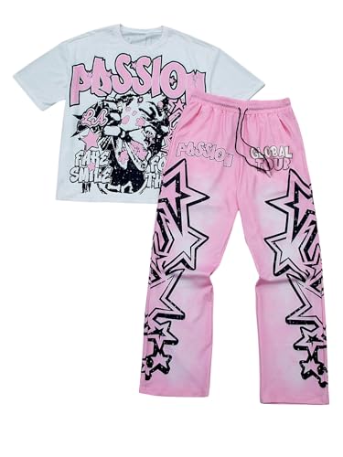 SOLY HUX Men's Summer Two Piece Outfits Short Sleeve Graphic T Shirt Pants Set Y2k Streetwear Clothes Pink White Multi Large
