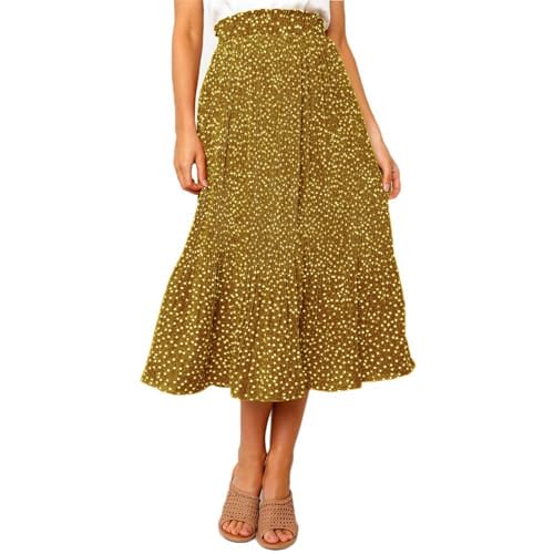 Oyamiki High Waist Long Skirts for Women UK Swing Flowy Pleated Polka Dot Summer Maxi Skirts Yellow L