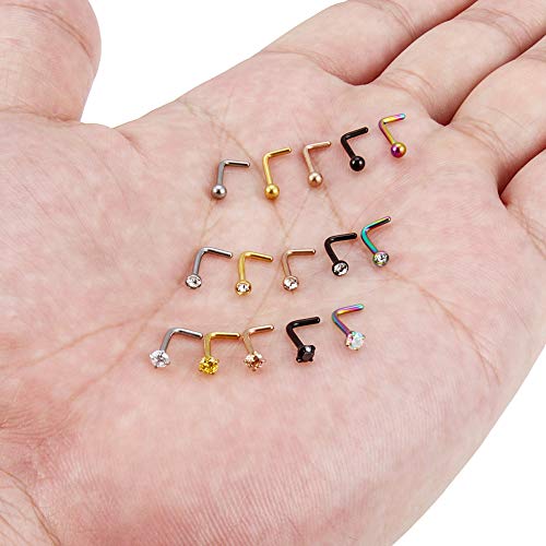 Lcolyoli Nose Rings 15Pcs L Shaped 18G Nose Stud Surgical Steel Piercing Jewelry Ball Clear Round Diamond Cz 2.5Mm For Women Men Silver-Tone Rose Gold Black Nostril Studs Round Ball #TOP2