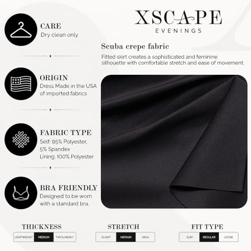 Image of Xscape Women's Long Boat Neck Bodycon Evening Gown with 3 /4 Sleeves, Side Ruching, & Cascading Ruffle