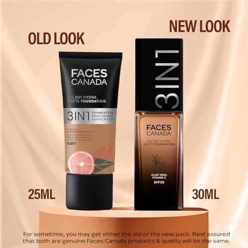 Image of FACES CANADA All Day Hydra Matte Foundation | 3-in-1 Foundation + Moisturizer + SPF 30 | 24 HR Aloe Hydration & Vitamin C | 10HR Long Wear | Medium to High Buildable Coverage | Warm Sand 042 | 30ml