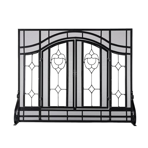 Plow & Hearth Metal Fireplace Screen Glass Floral Black | 38
