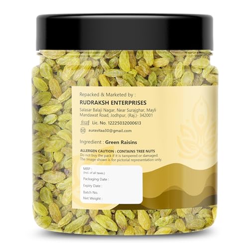 Image of Auravita Healthy Green Raisins 100GM | 100% Natural Dried Grapes (Kishmish) | Nutritious, Delicious & Healthy Snack | Source of Fibre in Nuts | No Preservatives in Dry Fruit