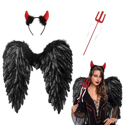 60cm Noir Ailes d'ange, Ailes d'ange avec Halo Bâton,Ailes d'ange Plumes,Costume d'ailes d'ange,Diable Costume Femme Ange Costume,Carnaval Déguisement