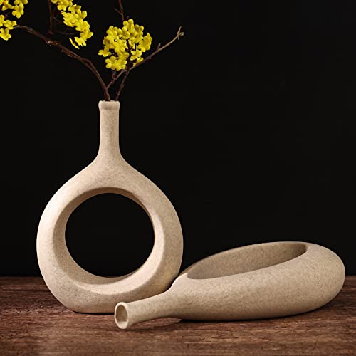 Matte Beige Ceramic Vase Japandi Sandstone Stylistic Home Decor, Tan Circle Vases With Hole, Neutral Rustic Centerpiece Table Decorations Flower Vase, Minimalist Vase Farmhouse Dinner Table Decor #TOP6