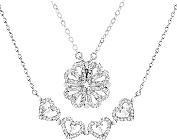 MEENAZ Pendant For Women Girls Ladies girlfriend Wife Jewellery Multi Heart Necklace 4 Magnetic Silver fashion set love Diamond magnet Western Pendants chain Valentine gifts Birthday propose -353