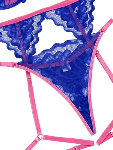 Image of Lilosy Sexy Choker Floral Lace Scallop Sheer Underwire Push Up Garter Belt Lingerie Set 3 Piece for Women See Through Bachelorette Bra and Panty Royal Blue Hot Pink Medium