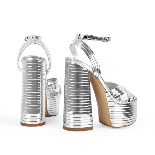 Onlymaker Women's Summer Round Open Toe Ankle Strap Sandals Ribbed Side Buckle Metallic Platform Heeled Sandals Silver Size 6 #TOP3
