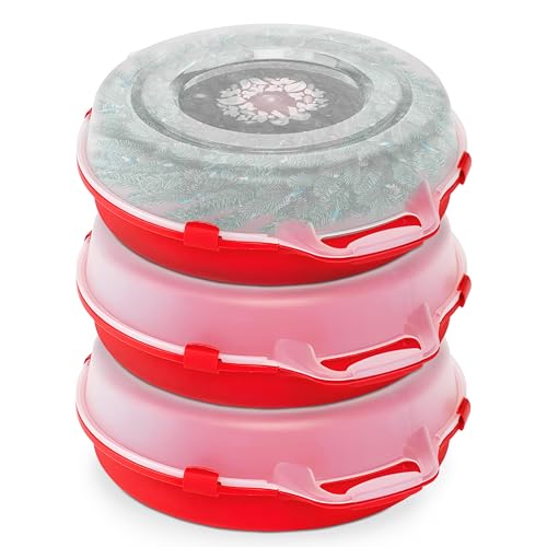 HOMZ 3-Pack Seasonal Holiday Decorative Wreath Storage Organizer, 24 Inch, Red & Clear - Round...