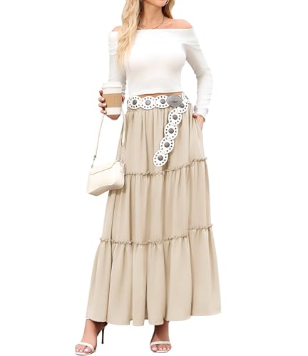 Arolina Women's Summer Maxi Skirt Trendy High Waist Pleated Ruffle Long Skirts Flowy Beach Boho Skirt Dress with Pockets