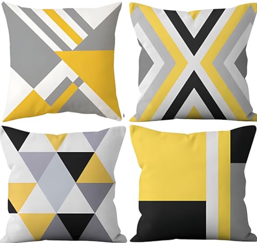 Hopomoon Lot de 4 housses de coussin géométriques jaunes et grises 45 x 45 cm, taies d'oreiller...