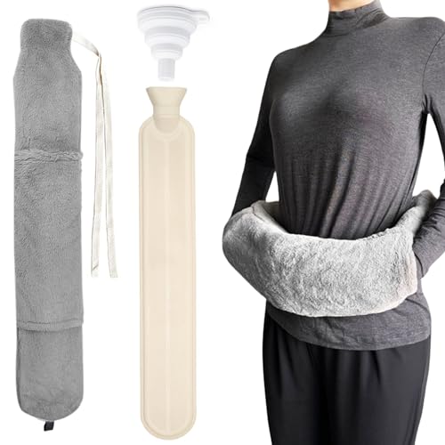 Nizirioo Botella De Agua Caliente Larga, Bolsa De Agua Caliente 2L, Botellas De Agua Caliente Con Cubierta Y Embudo De Silicio Grande Bolsa Agua Caliente Para Cuello Hombros Niños Adultos 73 cm(Gris)