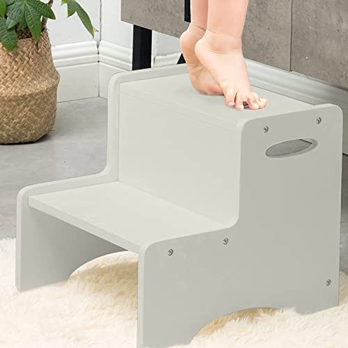 WOOD CITY Wooden Toddler Step Stool, 2-step Grey with Handles