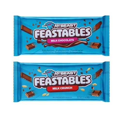 Feastables Mrbeast Milk Chocolate Creamy Healthy Snack Individually Wrapped Bars for Dessert Snacks Treats for Kids Small Gifts Presents (2× 60g Milk Chocs & Milk Crunch)
