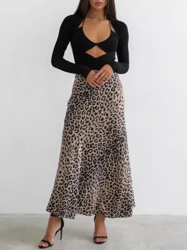 ebossy Women's Elegant Leopard Print Long Satin Skirt Silk Dressy Hidden Elastic Waist Flared A-Line Maxi Skirts4