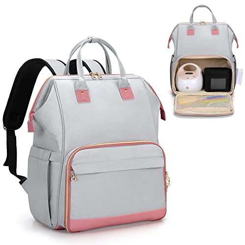 Image of Fasrom Breast Pump Bag Backpack with Inner Divider, Pumping Tote Bag with Laptop Compartment for Working Moms, Gray with Pink (Empty Bag Only)