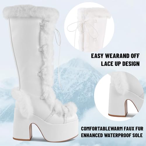 FancyQueen Platform Knee High Boots Women, Lace Up Goth Platform Faux Fur Boots Gothic Chunky Heel Winter Fuzzy Booties with Zipper2