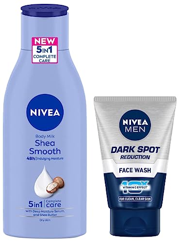 Image of Nivea Body Lotion For Dry Skin, Shea Smooth, With Shea Butter, For Men & Women, 120 ml & Nivea Men Face Wash, Dark Spot Reduction, For Clean & Clear Skin With 10X Vitamin C Effect, 50 G